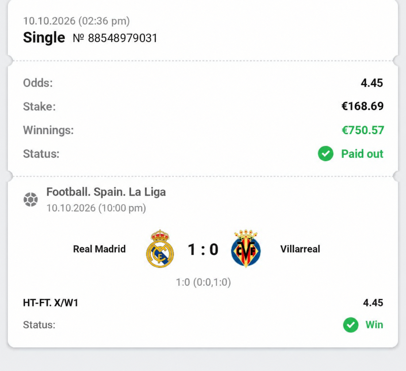 Winning bet slip