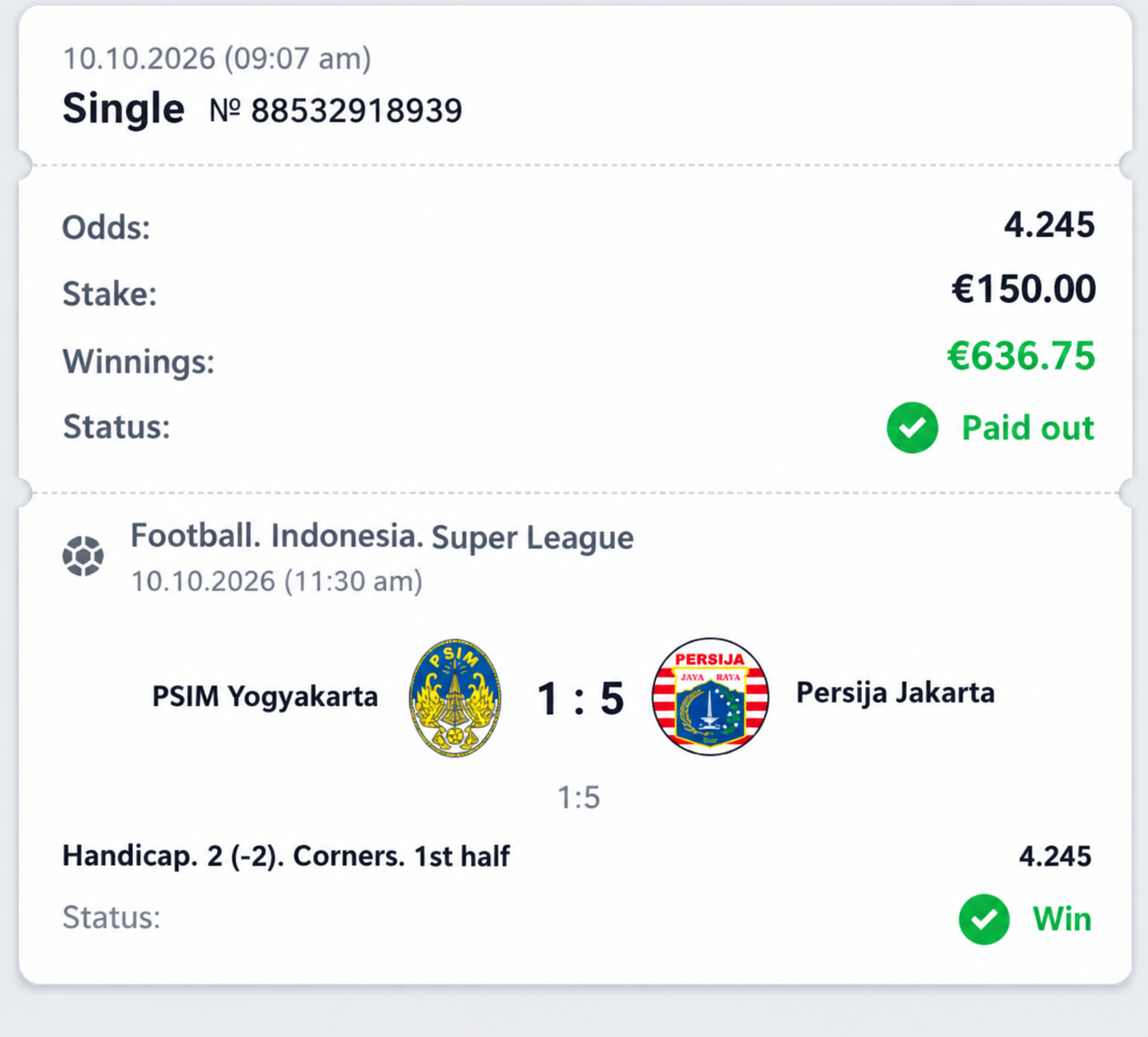 Winning bet slip