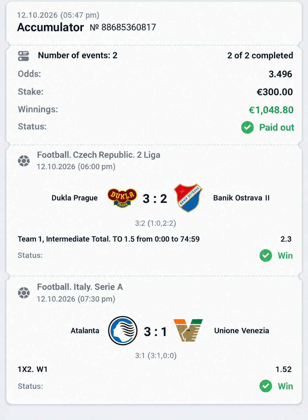 Winning bet slip